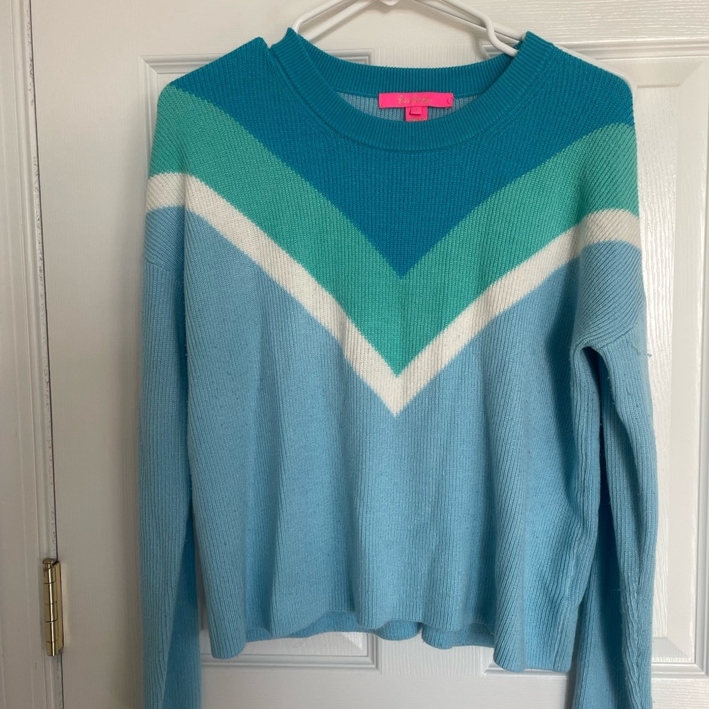 Lilly Pulitzer Chevron Colorblock Crewneck - Light Blue, Teal & White